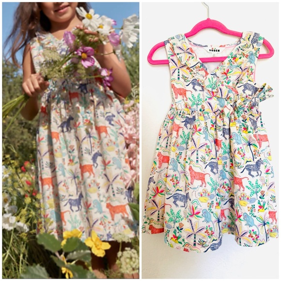 Mini Boden Tropical Garden Animal Print Wrap Dress in Vanilla Pod - Picture 7 of 7